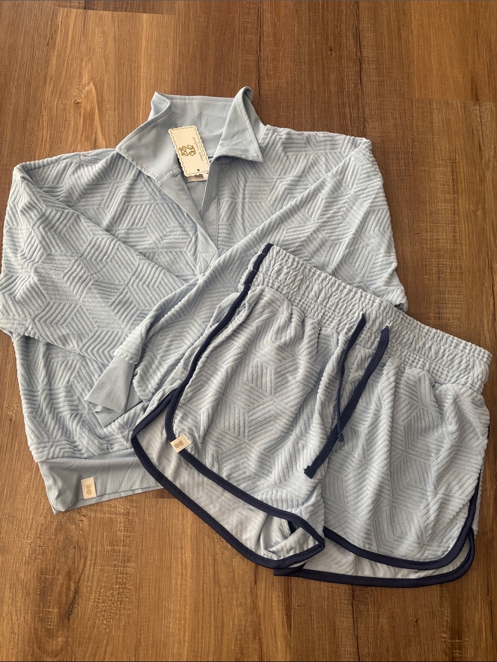 Simply Southern Light Blue Textured Casual Set with Navy Trim